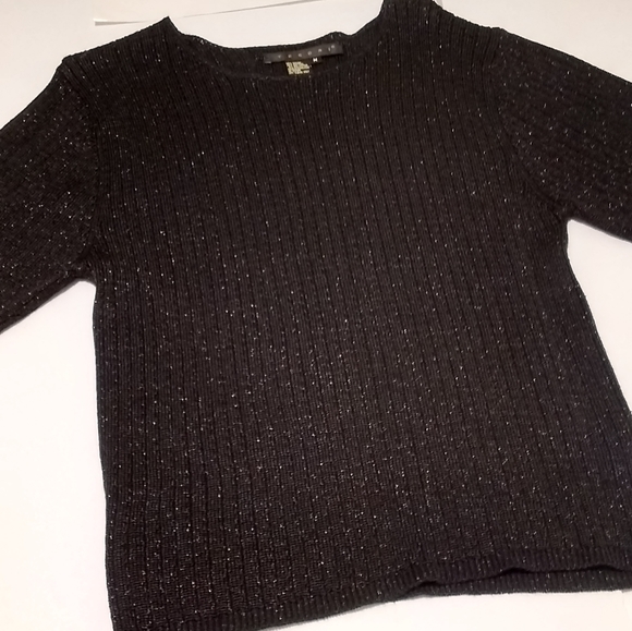 Tesori Vintage Black Ribbed Knit Pullover Short Sleeve Sparkle Sweater Size M - Picture 2 of 10